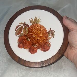 Vintage Round 6” Pineapple/Strawberry Ceramic & Wood Hot Plate Trivet